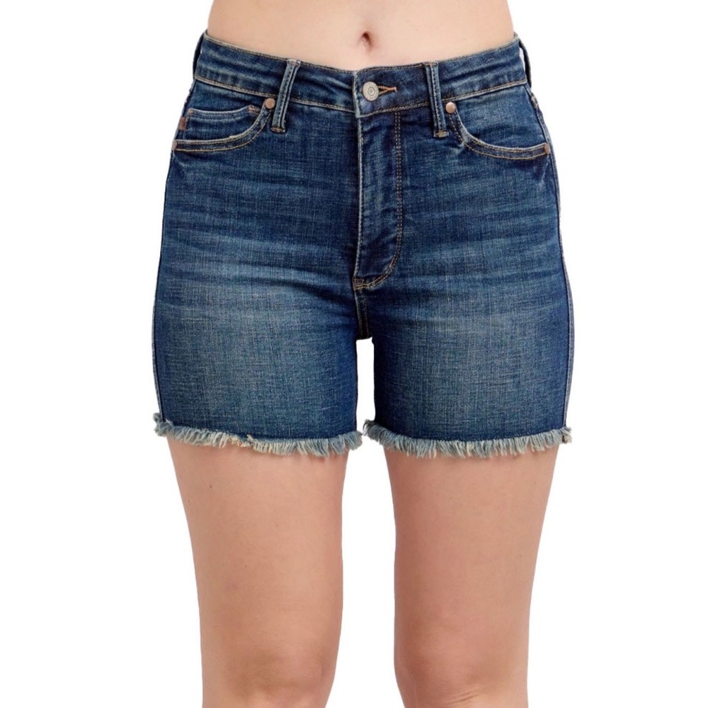 Judy Blue High Waisted Frayed Hem Denim Shorts Dark Wash XL